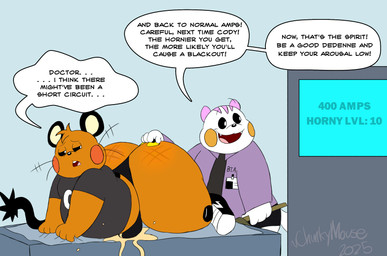 anthro aroused big_butt black_bottomwear black_clothing black_ears black_sclera black_tail bodily_fluids bottomwear bulge butt butt_slap check_up cloth clothed clothing coat cum cum_in_clothing cum_on_ground cum_through_clothing dialogue doctor duo edging ejaculation electrical_plug electricity erection eyebrows footwear furniture genital_fluids grey_clothing grey_shirt grey_topwear head_tuft holding_object id_card ineffective_clothing inspection lab_coat leaking lying machine male markings medical multicolored_ears narrowed_eyes on_front open_mouth orange_body orange_cheeks pink_ears pink_markings purple_clothing purple_coat purple_topwear raised_eyebrow shirt shoes simple_background skimpy slap spank_marks spanking speech_bubble table tail tan_inner_ear text thick_thighs thong topwear tuft tugging underwear wet wet_clothing whiskers white_body white_eyes wire yellow_cheeks chonkymouse nintendo pokemon cody_(chonkymouse) zerek_(chonkymouse) dedenne generation_4_pokemon generation_6_pokemon pachirisu pokemon_(species) 2025 colored dated digital_media_(artwork) english_description english_text hi_res signature watermark