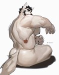 annoyed anthro areola back_muscles biceps big_butt big_muscles big_pecs biped black_nipples butt fur hair huge_muscles huge_pecs male muscular muscular_anthro muscular_male nipples nude pecs simple_background sitting solo sticker tail text white_background white_body white_fur doooo2424 canid canine canis mammal wolf 2023 digital_media_(artwork) digital_painting_(artwork) hi_res signature