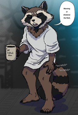 5_toes anthro barefoot beverage bottomless clothed clothing coffee coffee_mug feet humanoid_feet male pantsless plantigrade shirt shirt_only speech_bubble text toes topwear topwear_only zimakum guardians_of_the_galaxy marvel rocket_raccoon mammal procyonid raccoon absurd_res colored_sketch english_text hi_res sketch