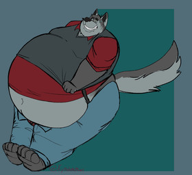 anthro belly big_belly bodily_fluids butt chubby_face clenched_teeth clothed clothing clothing_pull double_chin eyewear fur glasses grey_body grey_fur male moobs obese obese_anthro obese_male overweight overweight_anthro overweight_male shirt shirt_pull solo struggling suspenders sweat sweatdrop teeth thick_thighs topwear topwear_pull vest kyreden canid canine canis mammal wolf hi_res