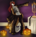 anthro bandage bed biped bottomwear chest_wraps clothed clothing cosplay female food fruit furniture holidays jack-o'-lantern pants plant pumpkin solo standing tail wraps chandraken halloween rusca_calma canid canine fox mammal hi_res