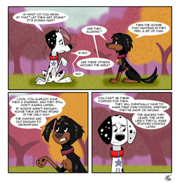 black_body black_fur black_spots brown_body brown_fur dialogue duo feral floppy_ears fur leg_markings male markings park socks_(marking) speech_bubble spots text toony white_body white_fur unclescooter 101_dalmatian_street 101_dalmatians disney dylan_(101_dalmatians) fan_character juday_(cartooncross) canid canine canis dalmatian domestic_dog mammal mixed_breed comic english_text hi_res