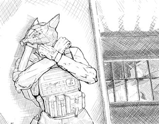 against_surface against_wall ambiguous_gender anthro armor bandage bandaged_arm body_armor building bullet_hole clothed clothing detailed_background gun gun_holster holding_object ranged_weapon scar shooting solo standing weapon window alt_(artist) project_silverfish inheritor lizard reptile scalie 2024 absurd_res greyscale hi_res monochrome signature