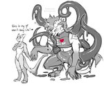 2_horns anthro black_goo black_tentacles black_tongue bulge crouching curved_horn detailed_bulge dominant dominant_anthro dominant_male duo genitals goo_drip half-erect hand_holding horn male penis slim_anthro slim_male submissive submissive_anthro submissive_male tentacle_tongue tentacles text tongue maefeline marrazo felid fish lion mammal marine pantherine shark 2024 english_text hi_res