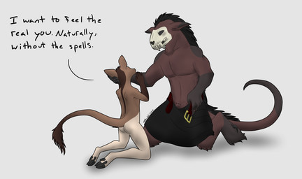 anthro belt bone bottomwear brown_body brown_fur butt clothing dewclaw_hooves dipstick_tail duo fur gloves_(marking) hand_on_arm hand_on_head holding_cheek hooves kilt kneeling leg_markings long_tail male male/male mane markings muscular muscular_male open_belt pivoted_ears red_body red_fur simple_background size_difference skull skull_head socks_(marking) tail tail_markings tan_body tan_fur text underhoof white_background crested_stag fearg_(crested_stag) morrigan_(crested_stag) cervine deer demon felid feline mammal absurd_res english_text hi_res shaded trans_(lore)