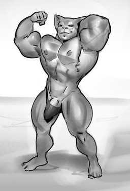 abs anthro clothed clothing erection erection_under_bottomwear flexing flexing_bicep grin hand_behind_head looking_at_viewer male muscular muscular_anthro muscular_male pecs short_male smile solo speedo speedo_only swimwear tenting topless purplebirdman domestic_cat felid feline felis mammal hi_res monochrome sketch
