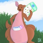 anthro clean_diaper clothing detailed_background diaper female folded_diaper grass holding_diaper looking_at_viewer one_eye_closed pattern_diaper plant plushie pouch_(anatomy) pouch_purse pouch_storage smile solo touching_diaper wink burritokitten disney winnie_the_pooh_(franchise) kanga kangaroo macropod mammal marsupial 1:1 absurd_res hi_res watermark