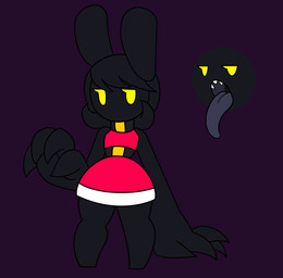 anthro belt biped black_body clothed clothing collar dark dress female front_view fully_clothed long_arms long_tongue no_pupils purple_background red_clothing red_dress shadow simple_background solo standing tongue yellow_eyes zaldenvire lagomorph leporid mammal rabbit digital_media_(artwork) full-length_portrait hi_res model_sheet portrait