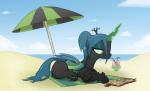 beach bedding bendy_straw beverage black_body blanket blue_hair blue_sclera book crossed_hooves day detailed_background drinking drinking_straw eyelashes female feral green_eyes hair half-closed_eyes horn insect_wings lying magic narrowed_eyes outside ponytail reading sand seaside sky solo umbrella water wings shoutingisfun friendship_is_magic hasbro my_little_pony queen_chrysalis_(mlp) arthropod changeling equid mammal 2017 digital_media_(artwork)