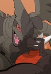 anthro black_body duo eyes_closed grey_body horn male orange_background red_sclera simple_background smile wings hikazedragon mythology nintendo pokemon dragon generation_5_pokemon legendary_pokemon mythological_creature mythological_scalie pokemon_(species) scalie zekrom hi_res