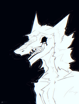 anthro black_background black_eyes fur gore holidays looking_at_viewer male open_mouth simple_background smile solo tongue white_body white_fur conditional_dnp teremunart halloween teremun_(teremunart) sergal absurd_res hi_res monochrome sketch