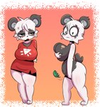 anthro bandage bear belly big_breasts black_body blue_eyes blush breast_squish breasts cheek_tuft clothing conditional_dnp covering cult_of_the_lamb eyelashes facial_tuft female giant_panda hand_on_breast hand_on_crotch hands_behind_back hi_res huge_breasts jalala_(cult_of_the_lamb) leaf lhacedor mammal massive_monster_(studio) multicolored_body multiple_poses narrowed_eyes pose red_clothing red_shirt red_topwear shirt short_stack short_tail slightly_chubby solo squish standing tail thick_thighs topwear tuft two_tone_body white_body wide_hips wounded