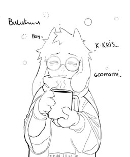 2_horns 4_fingers anthro black_eyebrows black_text clothed clothing container cup dialogue eyebrows eyes_closed eyewear fingers floppy_ears fur glasses hair holding_container holding_cup holding_mug holding_object horn male mug round_glasses scarf simple_background solo standing steam text tired wearing_glasses white_background pawfless deltarune undertale_(series) ralsei bovid caprine goat mammal 2025 english_text monochrome sketch