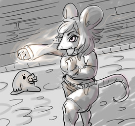 ambiguous_gender anthro female gesture hand_gesture pointing punch simple_background solo lostwisdom mammal mouse murid murine rodent black_and_white monochrome shaded simple_shading sketch