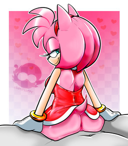 accessory anthro anus big_butt border bracelet breasts butt clothed clothing dress duo eyelashes female female_on_top fur gloves green_eyes hair hair_accessory hairband handwear head_tuft jewelry looking_back male male/female no_underwear on_top pattern_background penetration pink_background pink_body pink_fur pink_hair red_clothing red_dress sex short_hair simple_background smile tan_body tan_fur tuft vaginal vaginal_penetration white_border white_clothing white_gloves white_handwear wide_hips voidsdroids sega sonic_the_hedgehog_(series) amy_rose eulipotyphlan hedgehog mammal hi_res