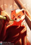 anthro autumn bamboo branch brown_body brown_fur eating fur male orange_body orange_fur smile smirk solo white_body white_fur yellow_body yellow_fur cachuchas ailurid mammal red_panda absurd_res digital_media_(artwork) hi_res