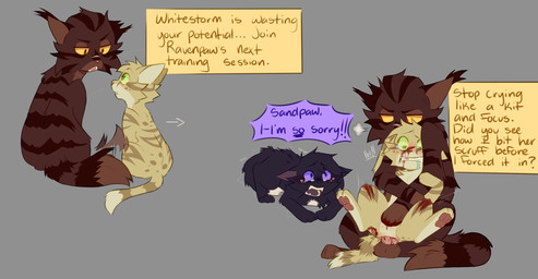 age_difference being_watched blood blood_from_vagina blood_in_pussy bodily_fluids breath crouching crying female feral forced genitals gore group looking_at_another male male/female older_male pain panting penetration rape scratches sex shaking sitting spread_legs spreading student teacher teacher_and_student tears trembling trio voyeur vulva wounded freckledcoat warriors_(book_series) ravenpaw_(warriors) sandstorm_(warriors) tigerstar_(the_prophecies_begin) domestic_cat felid feline felis mammal hi_res