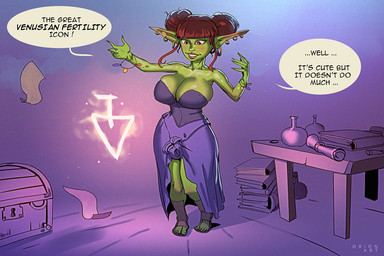 big_breasts breasts cleavage clothed clothing female green_body green_skin hair magic not_furry smile solo spell text orionart goblin humanoid 2019 digital_media_(artwork) english_text