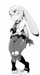 anthro breasts clothing crossed_arms female gun pigeon_toed ranged_weapon small_breasts smile solo thick_thighs uniform weapon hiranko disney zootopia judy_hopps lagomorph leporid mammal rabbit absurd_res hi_res monochrome