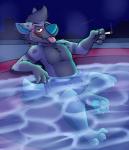 3_toes 4_fingers anthro arm_tuft biped black_body black_fur blue_nose blue_pawpads blush bottomwear bulge cheek_tuft claws clothed clothing drugs elbow_tuft facial_tuft feet fingers fur green_eyes grey_body grey_fur grey_tail hair half-closed_eyes holding_object hot_tub knee_tuft leg_tuft looking_at_viewer male marijuana markings multicolored_body multicolored_fur narrowed_eyes night open_mouth open_smile outside pawpads pink_tongue shorts sitting sky smile smoke smoking solo spots spotted_body spotted_fur star starry_sky tail teeth toe_claws toes tongue tongue_out topless tuft two_tone_tail water rotten_robbie frisky_hyena hyena mammal spotted_hyena hi_res