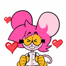 >_< anthro black_nose buckteeth clothed clothed_anthro clothed_female clothing eyes_closed eyewear female floating_heart glasses gloves hair hairless_tail handwear happy heart_symbol hopping jumping light_shirt pink_body pink_ears pink_hair pink_inner_ear pink_tail rat_tail red_heart simple_background smile solo tail teeth white_background yellow_clothing yellow_eyewear yellow_glasses yellow_gloves yellow_handwear goommymuffin muffin_(goommymuffin) mammal mouse murid murine rodent 1:1 2025 2d_animation animated animated_gif digital_media_(artwork) hi_res loop motion_tweening short_playtime