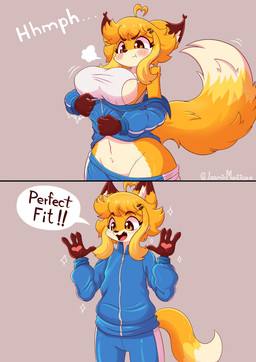 4_fingers anthro big_breasts blue_bottomwear blue_clothing blue_jacket blue_pants blue_topwear bottomwear breasts clothing describing_fit dialogue dressing eyebrow_through_hair eyebrows female female_anthro fingers fur gloves hair hammerspace handwear hidden_buxom jacket jumpsuit motion_lines orange_body orange_eyes orange_fur pants speech_bubble struggling_to_fit tail text tight_clothing topwear track_jacket track_pants tracksuit translucent translucent_hair white_body wide_hips zipper jasminthemanticore jasmin_(jasminthemanticore) canid canine fox mammal red_fox true_fox absurd_res comic english_text hi_res