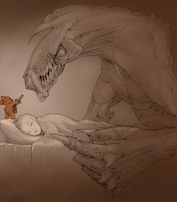 ambiguous_gender bed bedding blanket claws eyes_closed furniture group melee_weapon pillow plushie shield sleeping sword teddy_bear teeth weapon young begemott animate_inanimate human living_plushie mammal monster