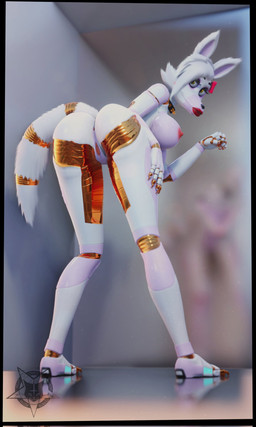 anthro anus areola bent_over big_breasts breasts butt clitoral_hood clitoris collar female fluffy fluffy_tail fur genitals golden_claws hair head_bow looking_at_viewer looking_back looking_back_at_viewer machine nipples nude nude_anthro nude_female rear_view red_areola red_nipples reflection reflective_floor smile smiling_at_viewer solo spiked_collar spikes standing tail vulva white_body white_fur white_hair yellow_eyes vladoknoaz113 disembowell_(modeler) psychojohn2_(modeler) five_nights_at_freddy's five_nights_at_freddy's_2 scottgames mangle_(fnaf) animatronic canid canine fox mammal robot robot_anthro 2025 3d_(artwork) digital_media_(artwork) full-length_portrait hi_res portrait watermark