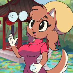 anthro big_breasts breast_jiggle breasts brown_body brown_fur clothed clothed_anthro clothed_female clothing eyebrows eyelashes female female_anthro fingers fur jiggling juggling open_mouth open_smile smile solo tail wide_hips twistedgrim xingzuo_temple baozi_(diives) canid canine canis domestic_dog mammal 1:1 2025 2d_animation animated frame_by_frame hi_res