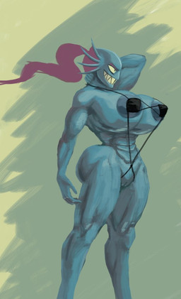 anthro areola big_breasts bikini breasts clothing female genitals huge_breasts muscular muscular_female nipples solo swimwear two-piece_swimsuit vulva putricia deltarune undertale undertale_(series) undyne fish marine