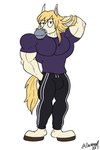 anthro biceps blonde_hair bulge dot_eyes feet fur hair hand_behind_head hand_in_pocket hooves long_hair long_tail looking_at_viewer male muscular muscular_anthro muscular_male pecs pockets simple_background simple_eyes smile solo tail white_background white_body white_fur doritohead heathcliff_rogers draft_horse equid equine horse mammal 2017 2:3 absurd_res artist_name digital_media_(artwork) hi_res signature