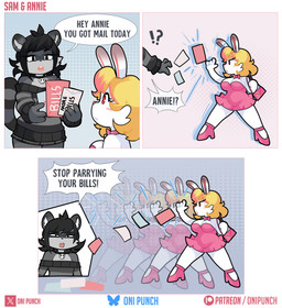 afterimage annoyed anthro black_body black_fur black_hair blonde_hair bow_tie brown_ear_tips clothing dialogue dipstick_ears dress duo ear_markings female female_anthro footwear fur gameplay_mechanics grey_body grey_fur hair half-closed_eyes high_heels holding_letter jewelry markings medium_hair monotone_body monotone_fur multicolored_ears narrowed_eyes necklace open_mouth parry pink_bow_tie pink_clothing pink_dress pink_eyes pink_footwear pink_high_heels pink_nose pink_purse shoes skull_necklace standing text thick_thighs white_body white_fur onigiri_punch annie_(onigiri_punch) sam_(onigiri_punch) lagomorph leporid mammal procyonid rabbit raccoon absurd_res comic english_text hi_res