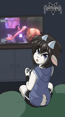 anthro being_watched black_bottomwear black_clothing black_footwear black_hair black_shorts black_socks blue_clothing blue_eyes blue_hoodie blue_topwear bottomwear clothing controller electronics fluffy fluffy_tail footwear fur game_controller gaming garter_belt garter_straps hair hoodie horn lapdance legwear looking_at_another looking_at_viewer male playing_video_game rear_view shorts shota sleeveless_hoodie sleeves socks solo surprised sweater tail television thigh_highs topwear white_body white_fur young zelripheth grand_theft_auto grand_theft_auto_v rockstar_games zel_vilkoinen_(zelripheth) bovid caprine domestic_goat goat human icelandic_goat mammal 3d_(artwork) 9:16 absurd_res digital_media_(artwork) hi_res multiple_images