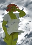 blue_eyes breasts cleavage clothed clothing dress female genitals green_body green_skin hair no_underwear not_furry pussy solo wardrobe_malfunction wind ngmi dreamworks shrek_(series) princess_fiona humanoid ogre 2020 absurd_res hi_res