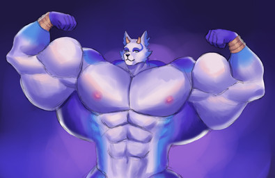 abs anthro biceps big_breasts big_muscles blue_body blue_fur bracelet breasts fur gold_(metal) gold_bracelet gold_jewelry horn huge_breasts huge_muscles hyper hyper_breasts hyper_muscles jewelry male multicolored_body multicolored_fur muscular muscular_anthro muscular_male nipples pecs solo white_body white_fur mariamame canid canine canis mammal wolf hi_res