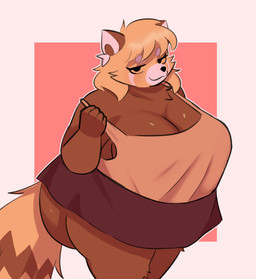 anthro big_breasts big_butt bottomwear breasts brown_body brown_fur butt circle_eyebrows cleavage clothed clothed_anthro clothed_female clothing eyebrows female female_anthro fingers front_view fur geometric_background hair huge_breasts huge_butt mature_female mouth_closed narrowed_eyes overweight simple_background skirt solo tail thick_thighs topwear samirachuni chikn_nuggit sassparilla_(chikn_nuggit) ailurid mammal red_panda 2025 absurd_res digital_drawing_(artwork) digital_media_(artwork) hi_res portrait three-quarter_portrait
