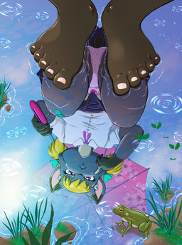 anthro band-aid band-aid_on_face band-aid_on_knee band-aid_on_leg bandage bandage_on_face barefoot biped black_markings black_nose blonde_hair bottomwear clothed clothing day detailed_background exposing_reflection eyebrows feet female feral foot_focus glistening gloves_(marking) grass grey_body hair holding_object holding_umbrella humanoid_feet looking_at_viewer looking_down markings outside panties pigtails plant plantigrade puddle quadruped raining reflection shirt short_hair skirt solo topwear umbrella underwear upskirt water water_reflection white_clothing white_panties white_shirt white_topwear white_underwear young young_anthro young_female risingdragon collet_(risingdragon) amphibian armadillo canid canine canis coyote frog hybrid mammal xenarthran 2025 hi_res