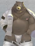 anthro asian_clothing bear belly ben_bigger bottomwear bottomwear_down brown_body brown_fur bulge clothed clothing east_asian_clothing facial_scar fug@9 fundoshi fur jacket japanese_clothing male mammal mihoyo missing_eye musclegut muscular navel nipples pants pants_down partially_clothed pecs scar solo topwear underwear white_bottomwear white_clothing white_jacket white_pants white_topwear zenless_zone_zero