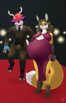 anthro belly big_belly black_clothing black_hair black_nose black_suit bulge closed_smile clothed clothing detailed_bulge dress duo female fur genital_outline grin hair huge_belly male mouth_closed narrowed_eyes nipple_outline penis_outline pink_eyes pink_nose pregnant pregnant_anthro pregnant_female purple_body purple_clothing purple_dress purple_fur red_hair short_hair smile suit wavy_hair white_body white_fur yellow_body yellow_fur milk-jug rush_deersky vi_(kupilas) canid canine deer mammal