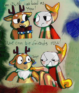 angry annoyed annoying anthro blush brown_body brown_fur clothed clothing dialogue duo ears_down eye_contact fur happy holidays hooves horn looking_at_another male mostly_nude multicolored_body multicolored_fur orange_body photo_background pivoted_ears scared teeth text touching_shoulder two_tone_body white_body white_fur yoshreveluv blushcrunch_studio christmas dandy's_world roblox rudie_(dandy's_world) shrimpo_(dandy's_world) aquatic arthropod crustacean deer humanoid mammal new_world_deer reindeer toon_(dandy's_world) digital_media_(artwork) english_text mixed_media photography_(artwork)