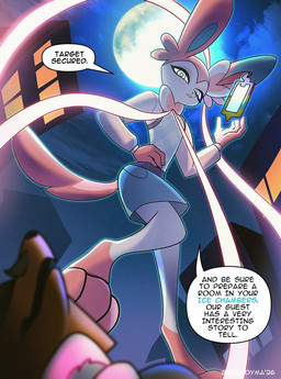 blue_eyes clothed clothing dialogue duo electronics full_moon male moon night open_mouth phone speech_bubble standing_on_another standing_over text odeko-yma nintendo pokemon pokemon_mystery_dungeon spike_chunsoft pix_(odeko-yma) eeveelution generation_6_pokemon generation_8_pokemon pokemon_(species) sylveon thievul 2026 absurd_res comic digital_media_(artwork) end_page english_text hi_res signature