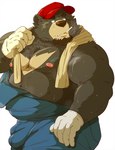 anthro belly big_belly black_body blue_clothing blue_overalls bodily_fluids bulge clothing cute_fangs fangs gloves handwear hat headgear headwear kemono male mature_male moobs musk nipples overalls overweight overweight_male smoking solo sweat teeth raichoclub bear mammal 2023 hi_res