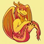 ambiguous_gender anthro horn looking_at_viewer membrane_(anatomy) membranous_wings open_mouth simple_background smile solo tail wings puppenstein mythology dragon mythological_creature mythological_scalie reptile scalie 1:1 absurd_res hi_res orange_theme