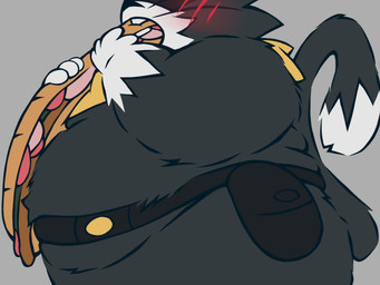 anthro back_rolls belly belly_overhang belt black_body black_fur black_nose blush blush_lines bread breasts clothing eating embarrassed fangs fat_rolls fluffy food fur handkerchief holding_food holding_object kerchief male markings mask meat moobs open_mouth overweight overweight_anthro overweight_male sandwich_(food) shortstack shortstack_male tail tail_markings teeth utility_belt weight_gain whiskers white_body white_fur yellow_clothing justwatchingthings atlus fattytober megami_tensei persona_(series) persona_5 sega morgana_(persona) domestic_cat felid feline felis mammal tuxedo_cat 2025 4:3 digital_media_(artwork) hi_res