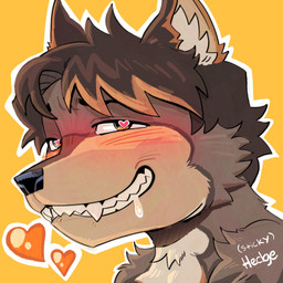 anthro aroused bite biting_lip biting_own_lip blush blush_lines bodily_fluids brown_body brown_fur drooling fluffy fluffy_chest fur hair heart_eyes heart_symbol looking_at_viewer male multicolored_body multicolored_fur multicolored_hair neck_tuft saliva self_bite simple_background smile solo teeth text tuft stickyhedge hedge_(stickyhedge) canid canine mammal 1:1 2025 artist_name colored digital_drawing_(artwork) digital_media_(artwork) headshot_portrait hi_res portrait shaded signature