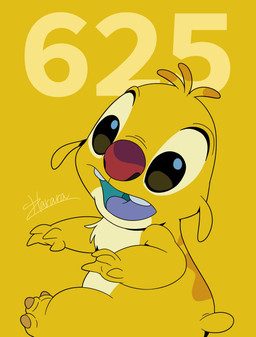 3_toes 4_fingers ambiguous_gender antennae_(anatomy) anthro back_markings black_eyes brown_claws brown_markings brown_toe_claws buckteeth chest_tuft claws dipstick_antennae feet fingers fur looking_at_viewer markings multicolored_antennae open_mouth purple_tongue red_nose simple_background small_tail solo tail teal_mouth teeth toe_claws toes tongue tuft yellow_background yellow_body yellow_fur harara disney lilo_and_stitch reuben_(lilo_and_stitch) alien experiment_(lilo_and_stitch) 2026 digital_drawing_(artwork) digital_media_(artwork) flat_colors hi_res male_(lore)