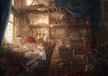anthro armchair book bottomwear brown_hair chair clothing detailed_background dress duo female fur furniture hair hat headgear headwear holding_book holding_object kemono male male/female open_mouth red_clothing red_hat red_headwear shirt shorts sitting_on_armchair suspenders tan_body tan_fur telescope topwear white_body white_clothing white_fur white_hair white_shirt white_topwear young young_anthro young_female young_male nishiko24 shika_(nishiko24) yagi_(nishiko24) bovid caprine deer goat mammal 2024 hi_res japanese_description