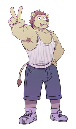 5_fingers anthro armpit_hair blep body_hair bottomwear brown_hair bulge clothed clothing cute_fangs fangs fingers footwear gesture hair hand_gesture hand_on_hip looking_at_viewer male muscular nipples pecs round_ears shirt shoes shorts simple_background sneakers solo tail tail_tuft tank_top teeth tongue tongue_out topwear tuft v_sign white_background yellow_body t0l0k scott_(t0l0k) felid lion mammal pantherine absurd_res digital_media_(artwork) hi_res