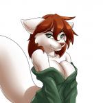 1:1 anthro bare_shoulders bathrobe bedroom_eyes big_breasts big_tail breasts brown_hair canid canine canis cleavage clothed clothing colored curvy_figure eyebrows eyelashes female fur green_eyes hair half-closed_eyes heart_symbol keidran long_hair looking_at_viewer mammal mature_female narrowed_eyes nekonny robe roselyn_(twokinds) seductive simple_background skimpy smile solo tail tasteful tuft twokinds voluptuous white_background white_body white_tail wolf