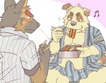 anthro balls belly blush bulge clothing duo eating food genitals humanoid_hands kemono male male/male moobs nipples penis shirt sitting slightly_chubby topwear ryuta-h canid canine canis domestic_dog mammal 2008 slideshow